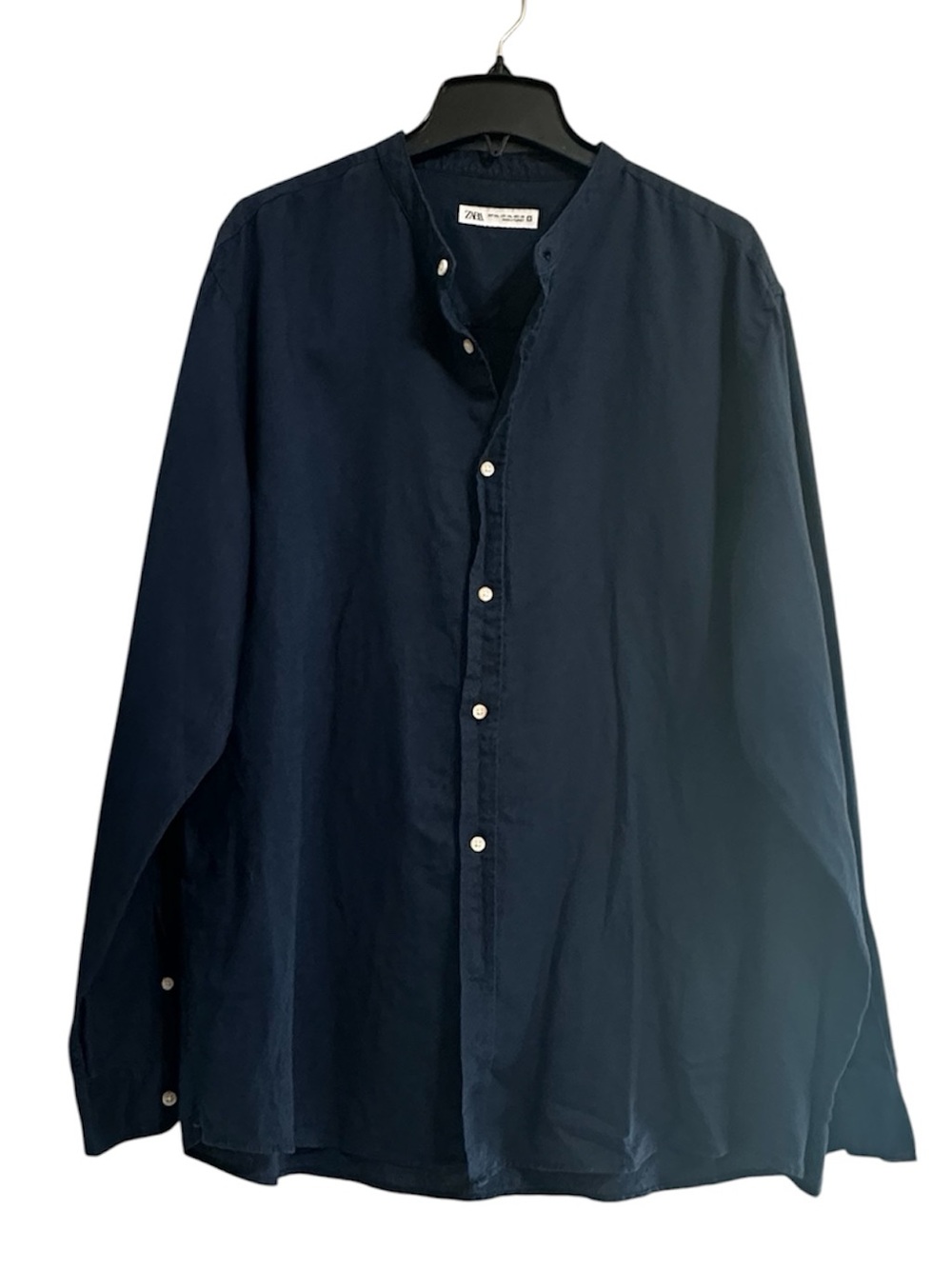 Men’s Zara Navy Linen Blend Collarless Shirt Size XXL